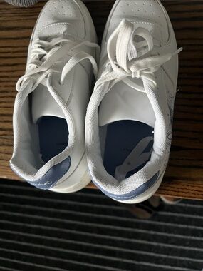 White Sneakers with Navy Heel Accent
